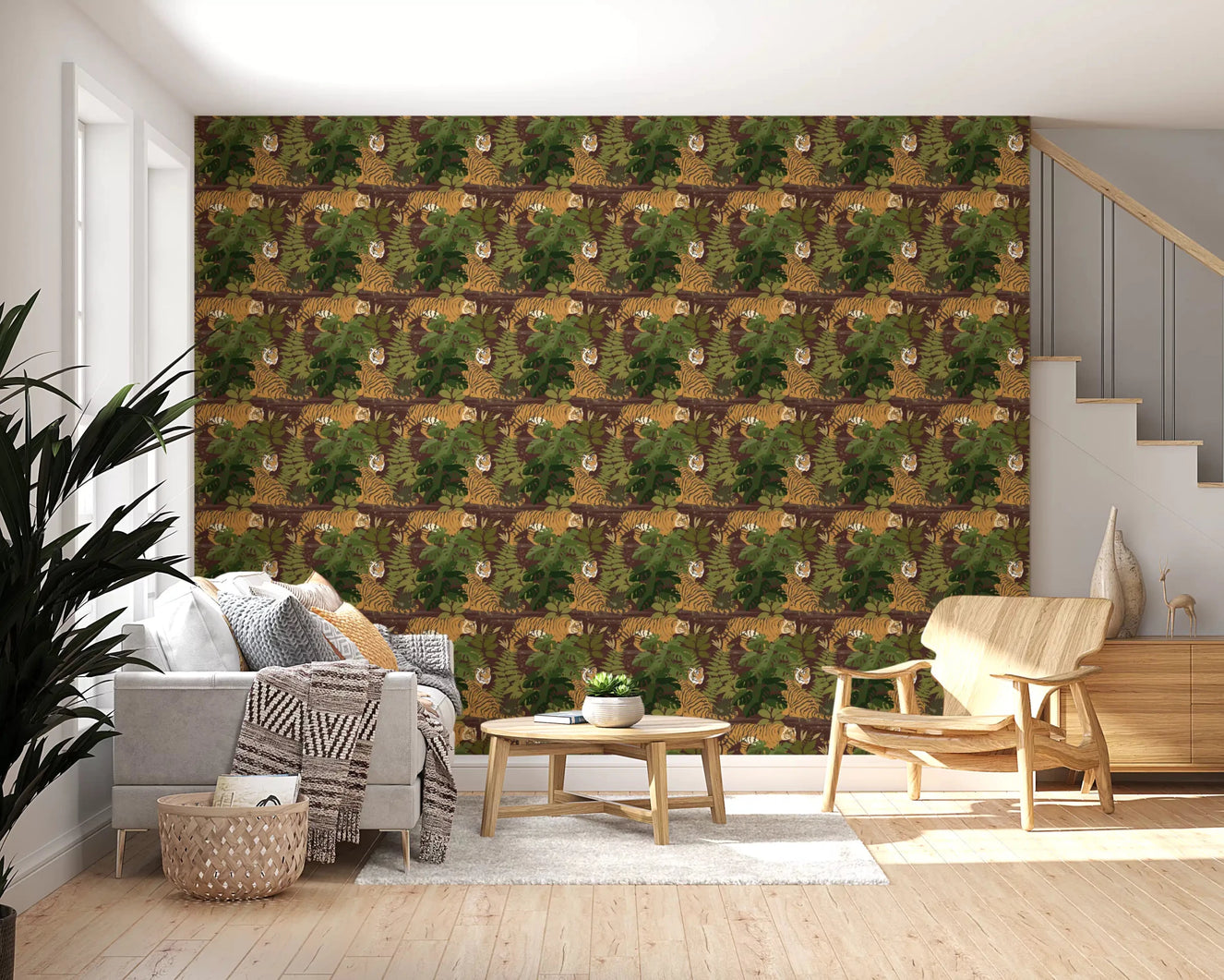 Sunlit lounge styled with Wild Jungle Roam Tigers Tropical Monstera Wallpaper