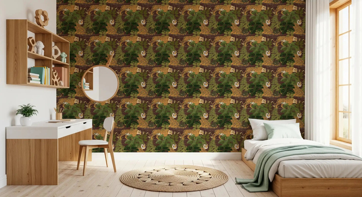 Warm Kids room backdrop with Wild Jungle Roam Tigers Tropical Monstera Wallpaper, GD8949