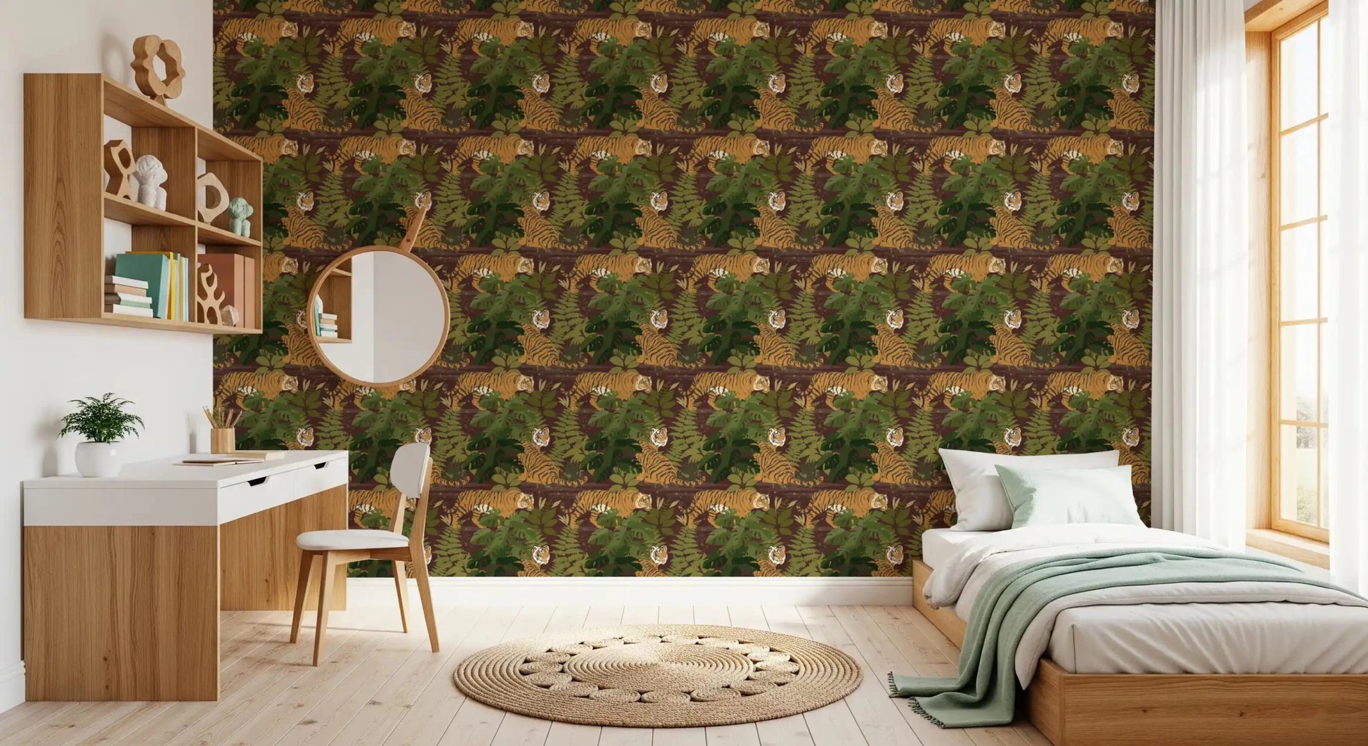 Warm Kids room backdrop with Wild Jungle Roam Tigers Tropical Monstera Wallpaper, GD8949