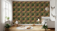 Wild Jungle Roam Tigers Tropical Monstera Wallpaper above a calm Bedroom vanity, GD8949