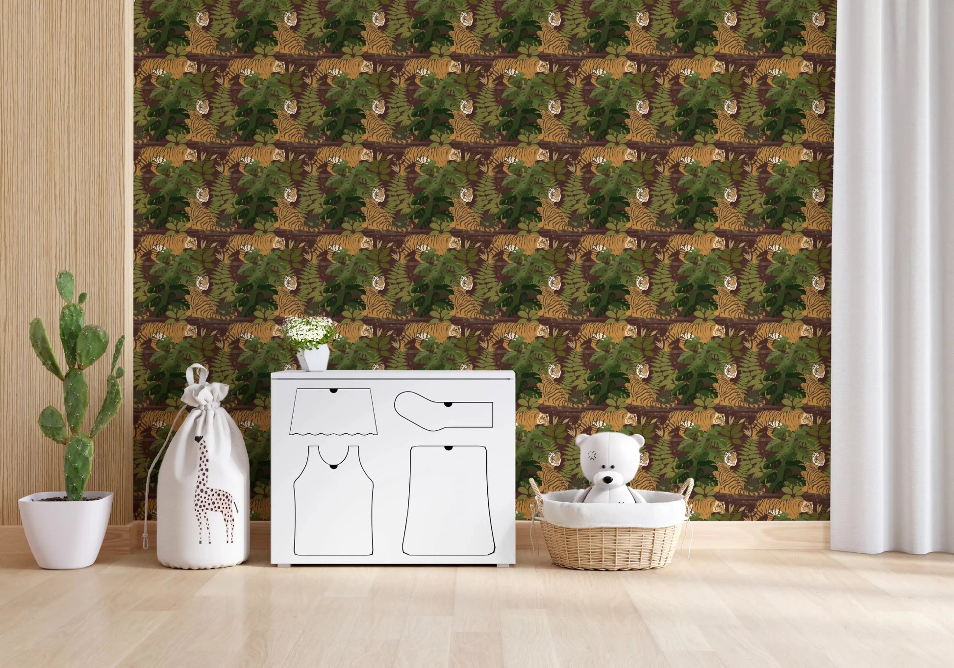 Minimal shelf setup against Wild Jungle Roam Tigers Tropical Monstera Wallpaper, GD8949
