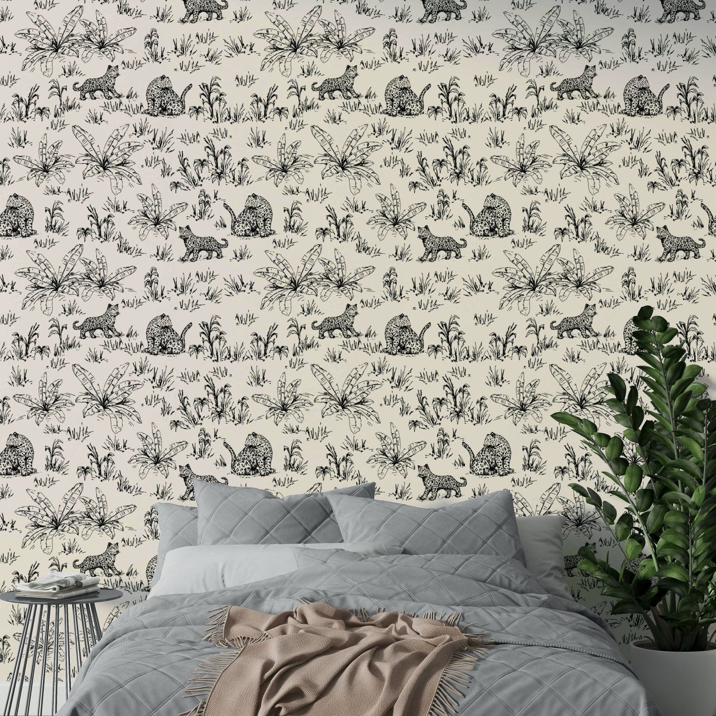 An angled shot of a wall with animal wallpaper

