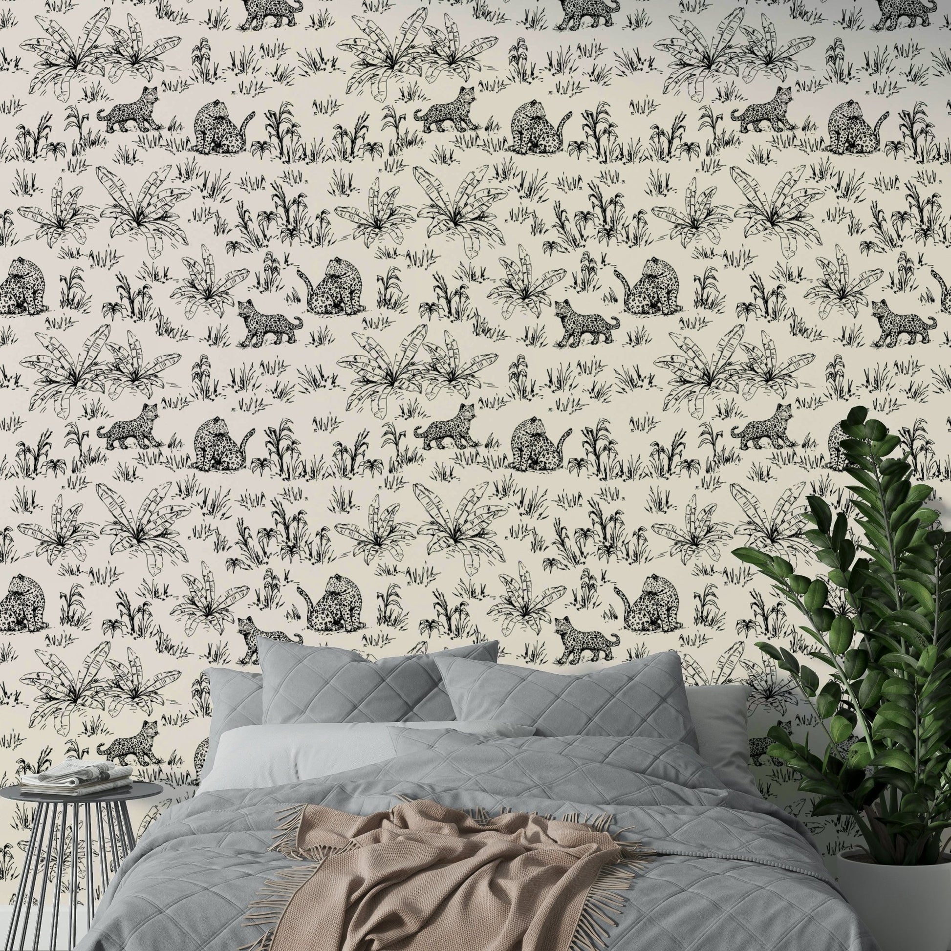 An angled shot of a wall with animal wallpaper


