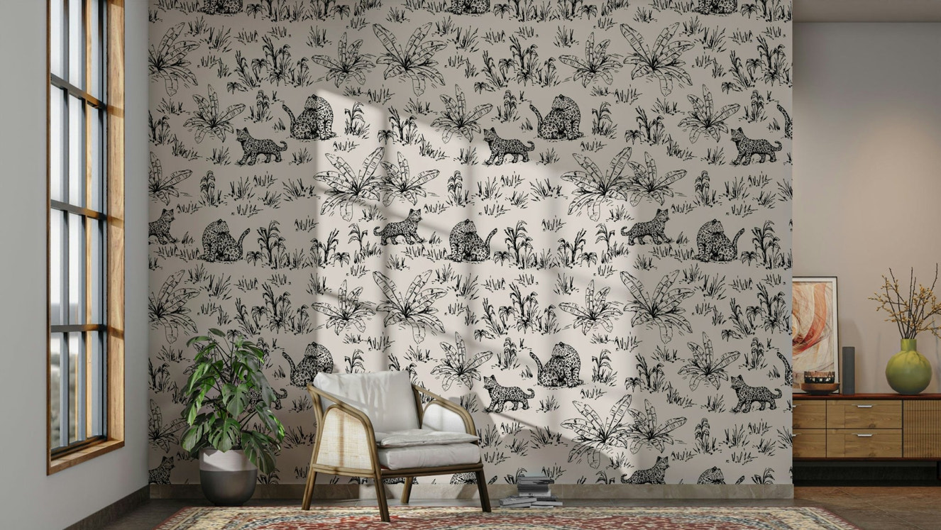 A living room decorated with a leopard mural

