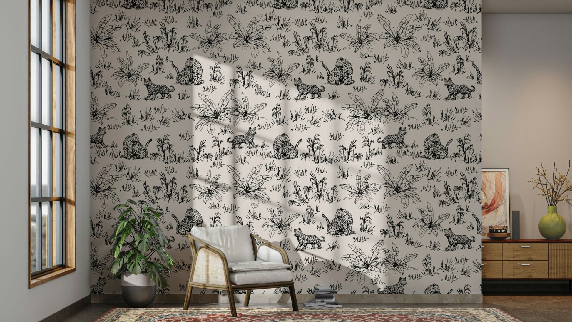 A living room decorated with a leopard mural

