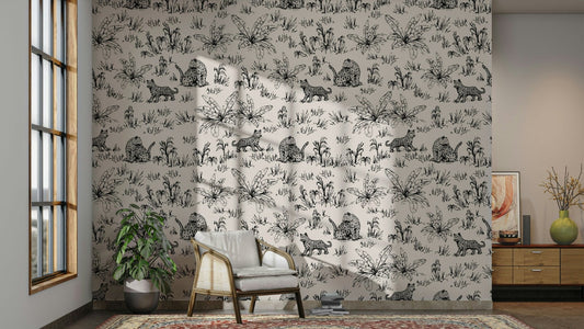 A living room decorated with a leopard mural

