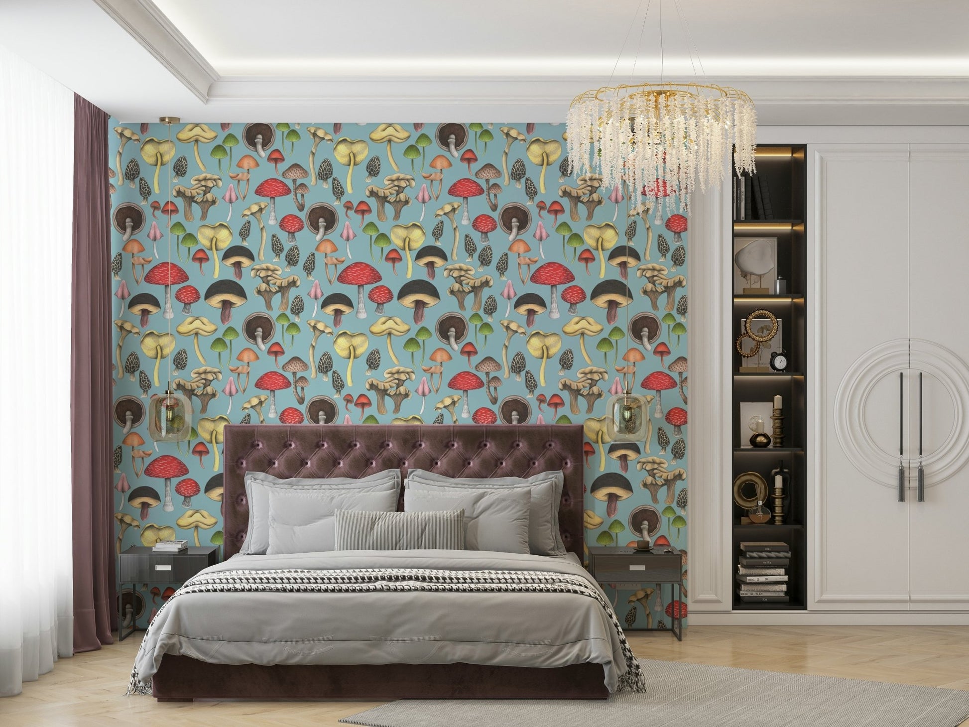 Colorful mushrooms on blue background
