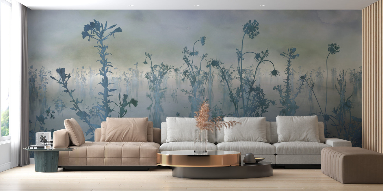 Misty wildflowers mural in soft pastel hues
