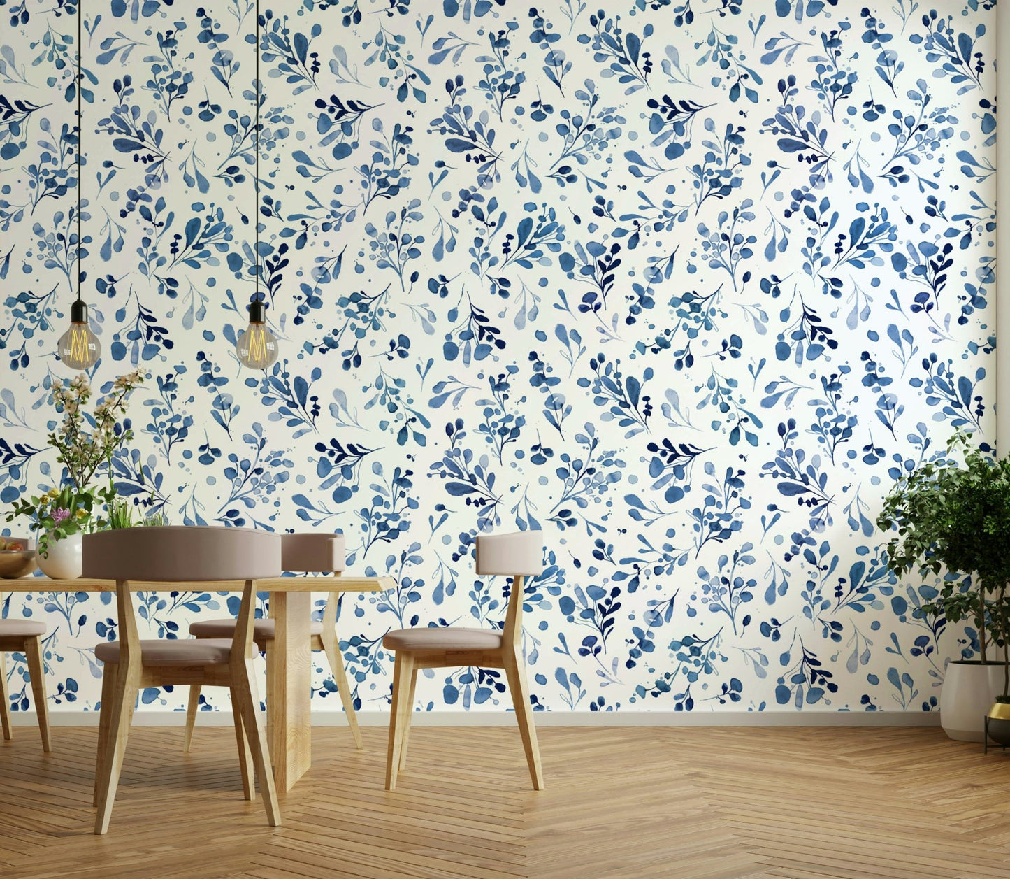 Serene wild plants wallpaper in refreshing blue shades

