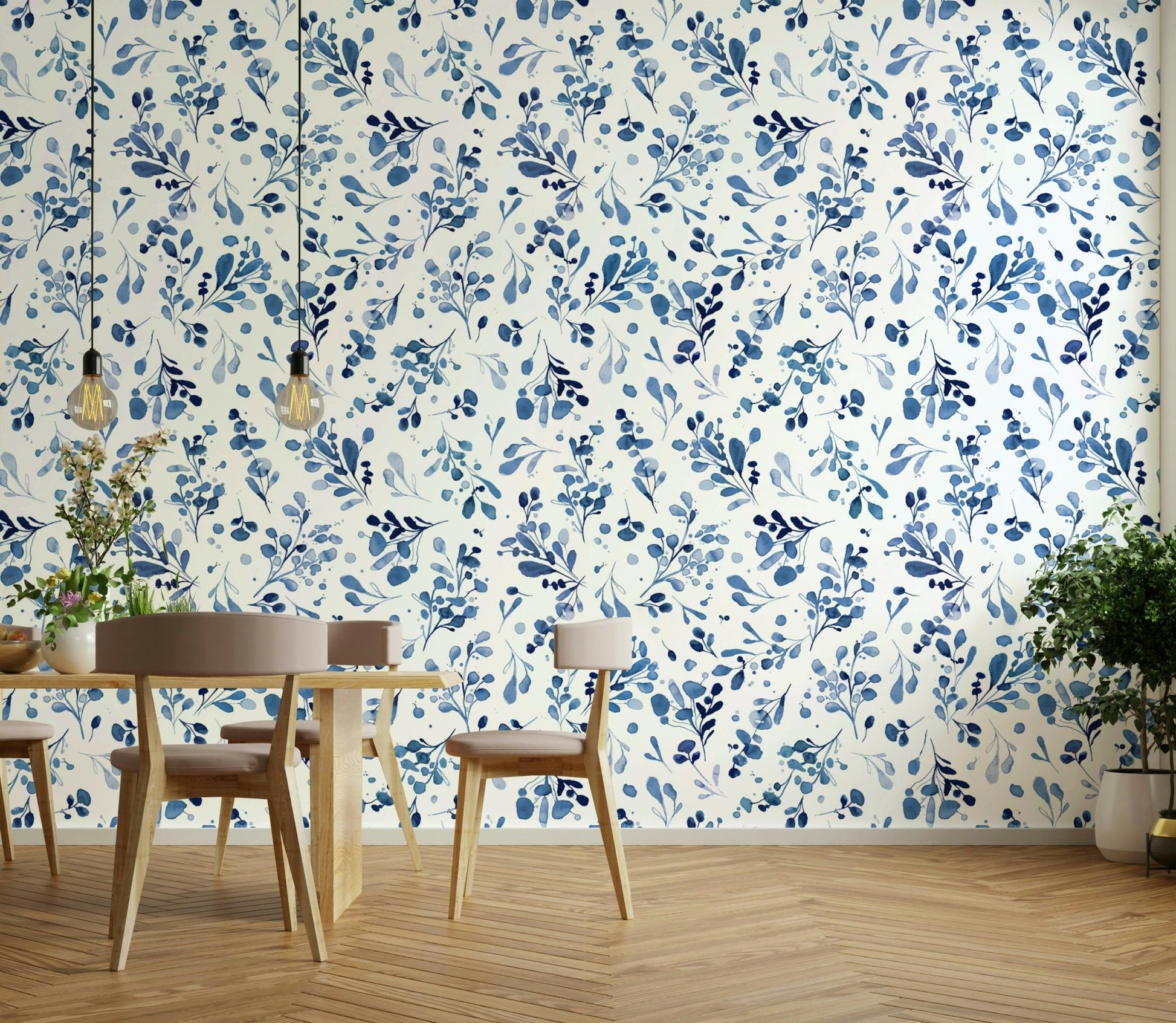 Serene wild plants wallpaper in refreshing blue shades


