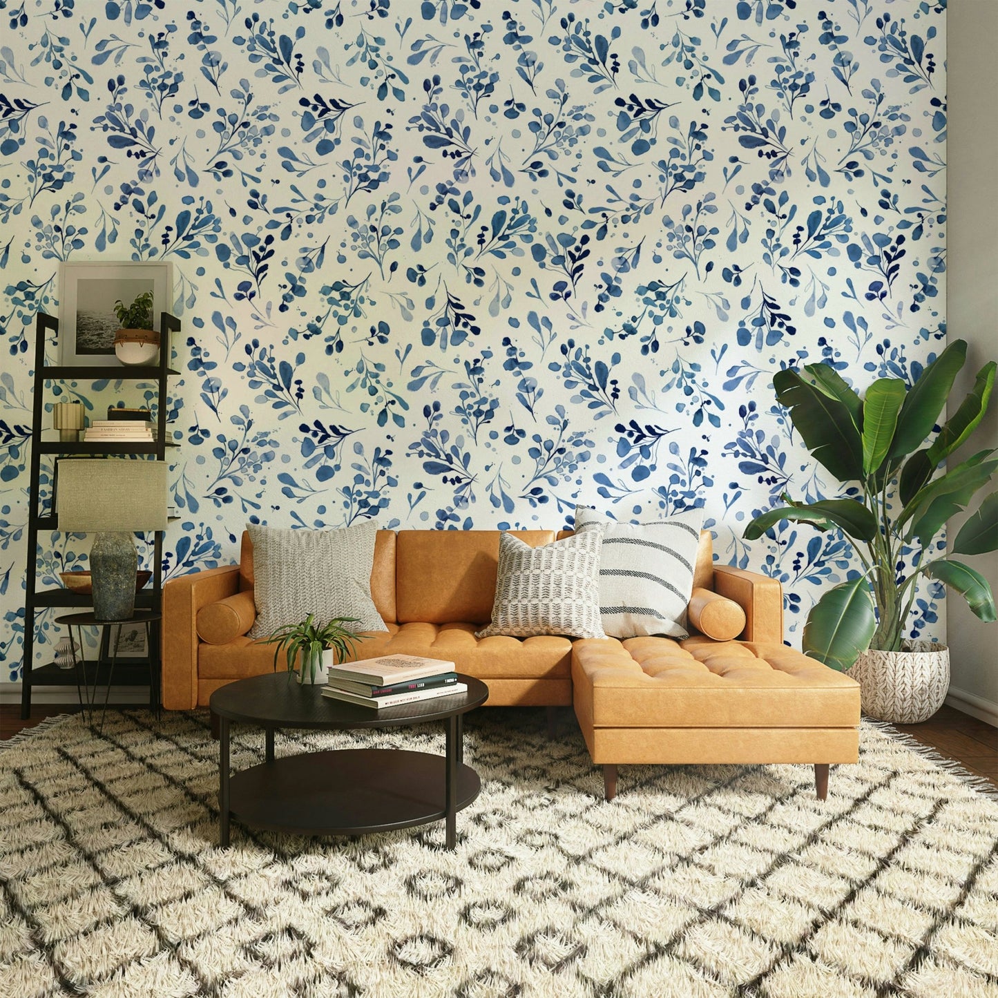 Relaxing nature-inspired blue botanical wallpaper design

