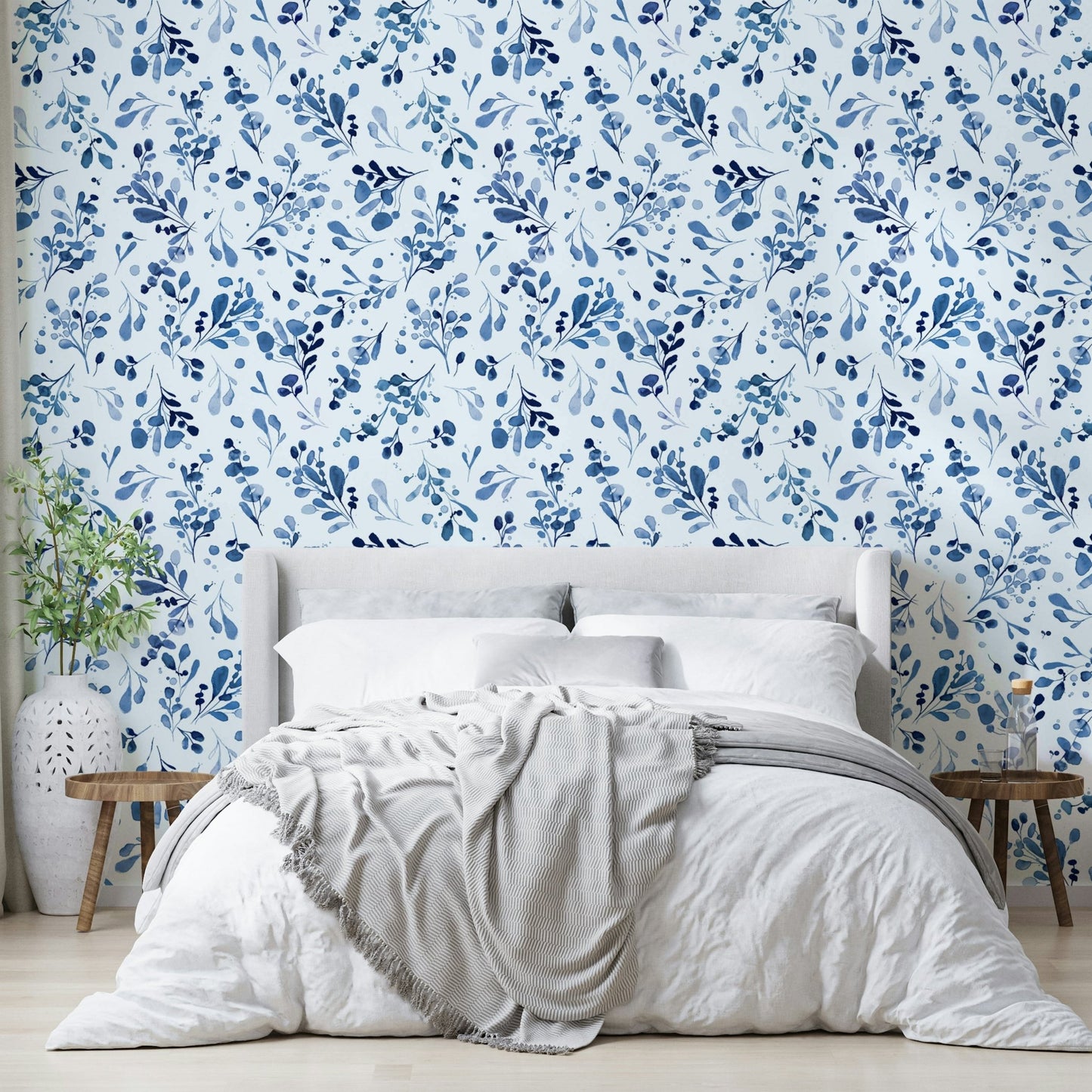 Peaceful blue wild plant wallpaper for calming interiors

