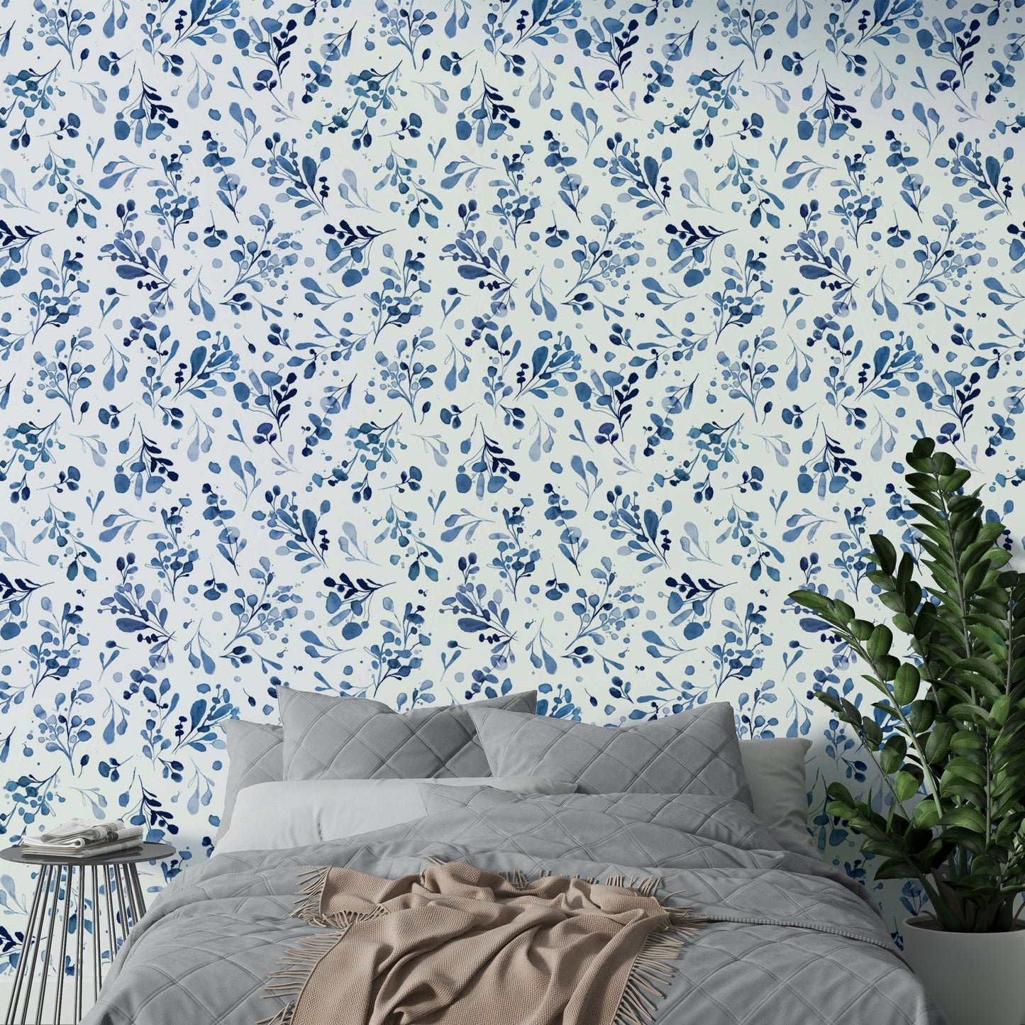 Tranquil nature blue wallpaper with botanical wild plants

