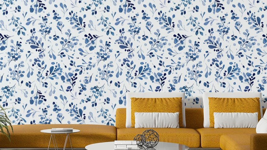 Blue wild plants wallpaper with botanical motifs for walls

