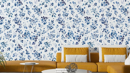 Blue wild plants wallpaper with botanical motifs for walls, GD1628