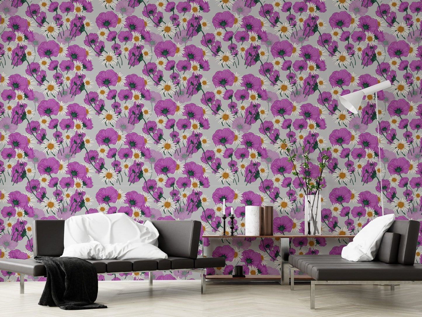 Whimsical Wild Purple Flower Pattern Wallpaper