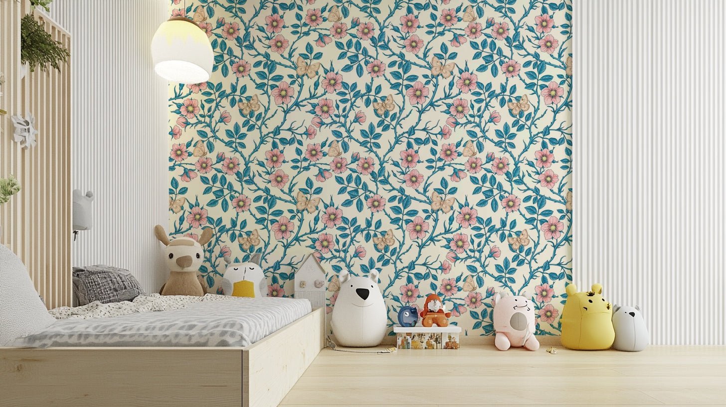 Soft pink, blue, and off-white tones creating a peaceful room vibe

