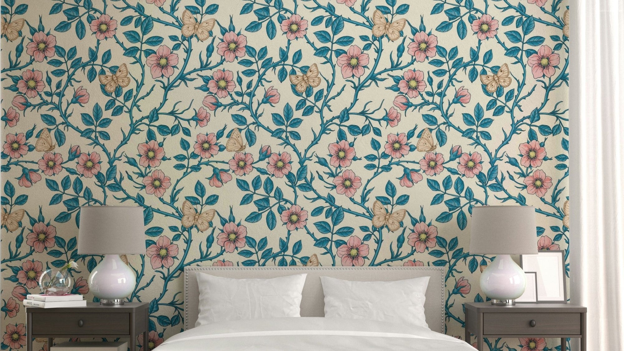 Wild Roses and Butterflies Wallpaper featuring pink roses and blue butterflies, GD2343