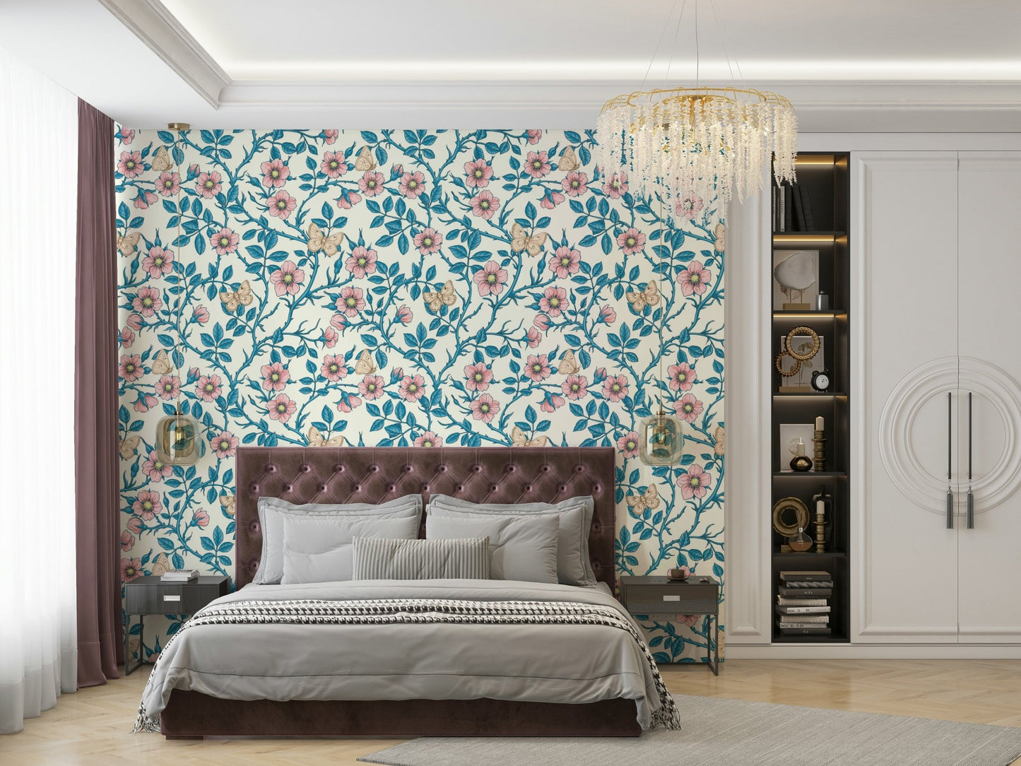 Delicate floral and butterfly design in soft pink, blue, and off-white hues

