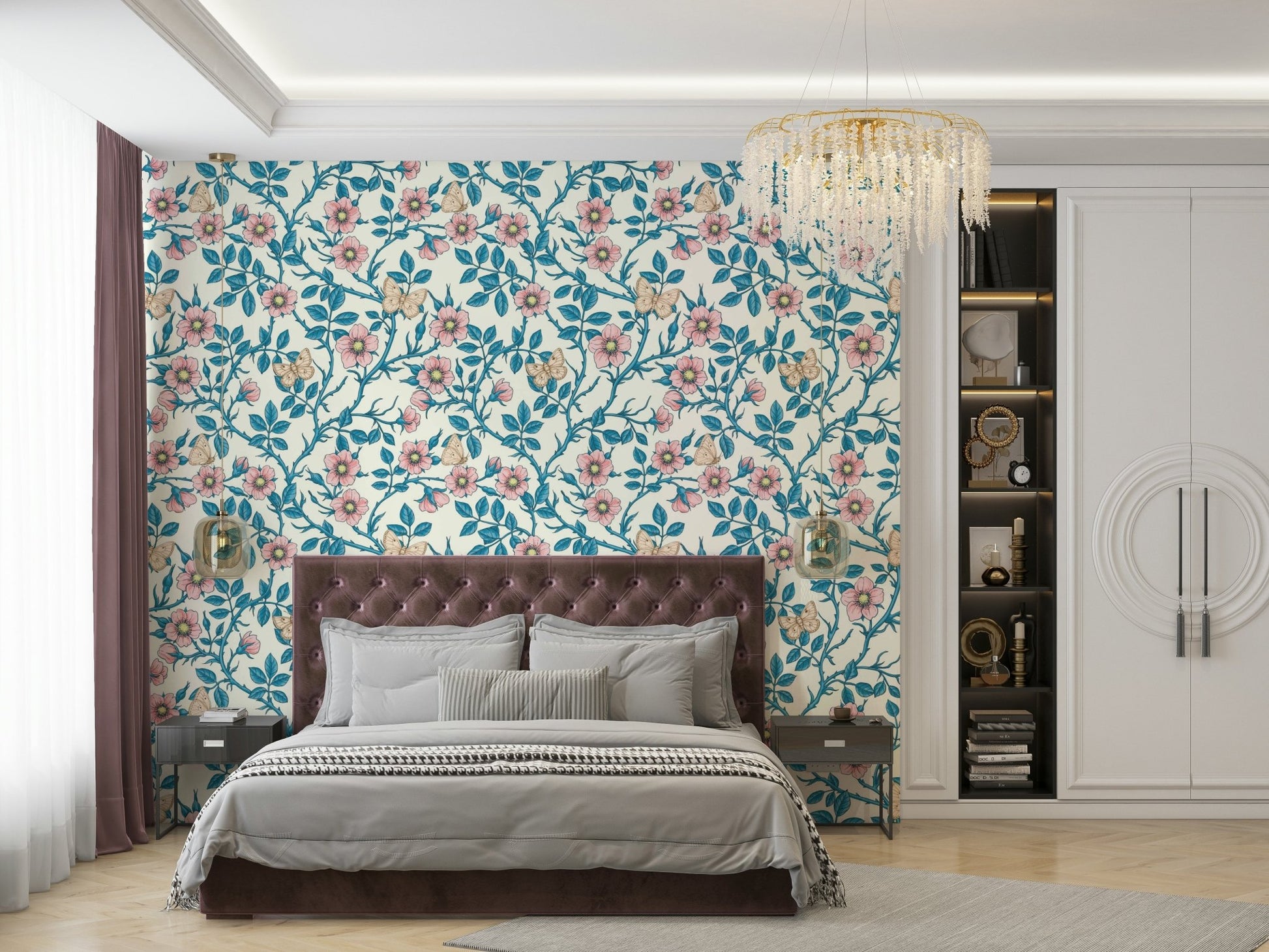 Delicate floral and butterfly design in soft pink, blue, and off-white hues


