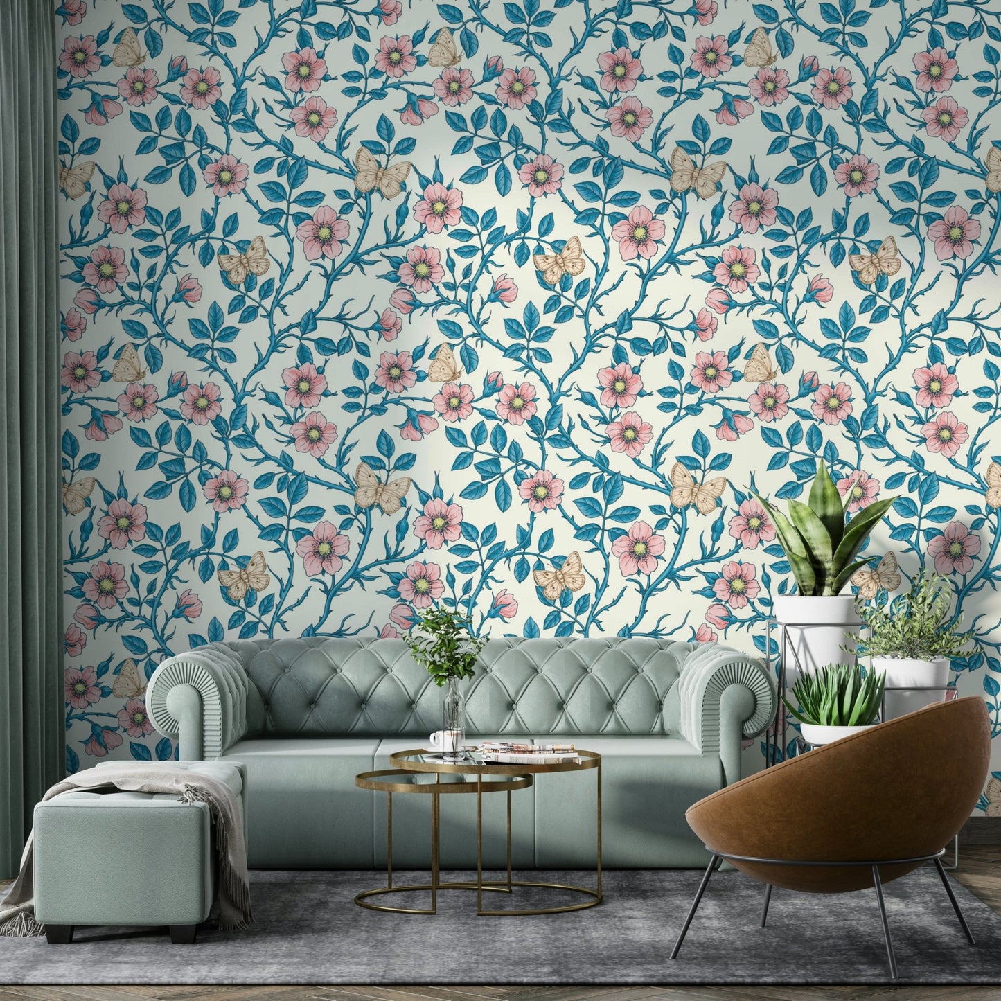 Close-up of pink roses and butterflies adding a whimsical touch to the room

