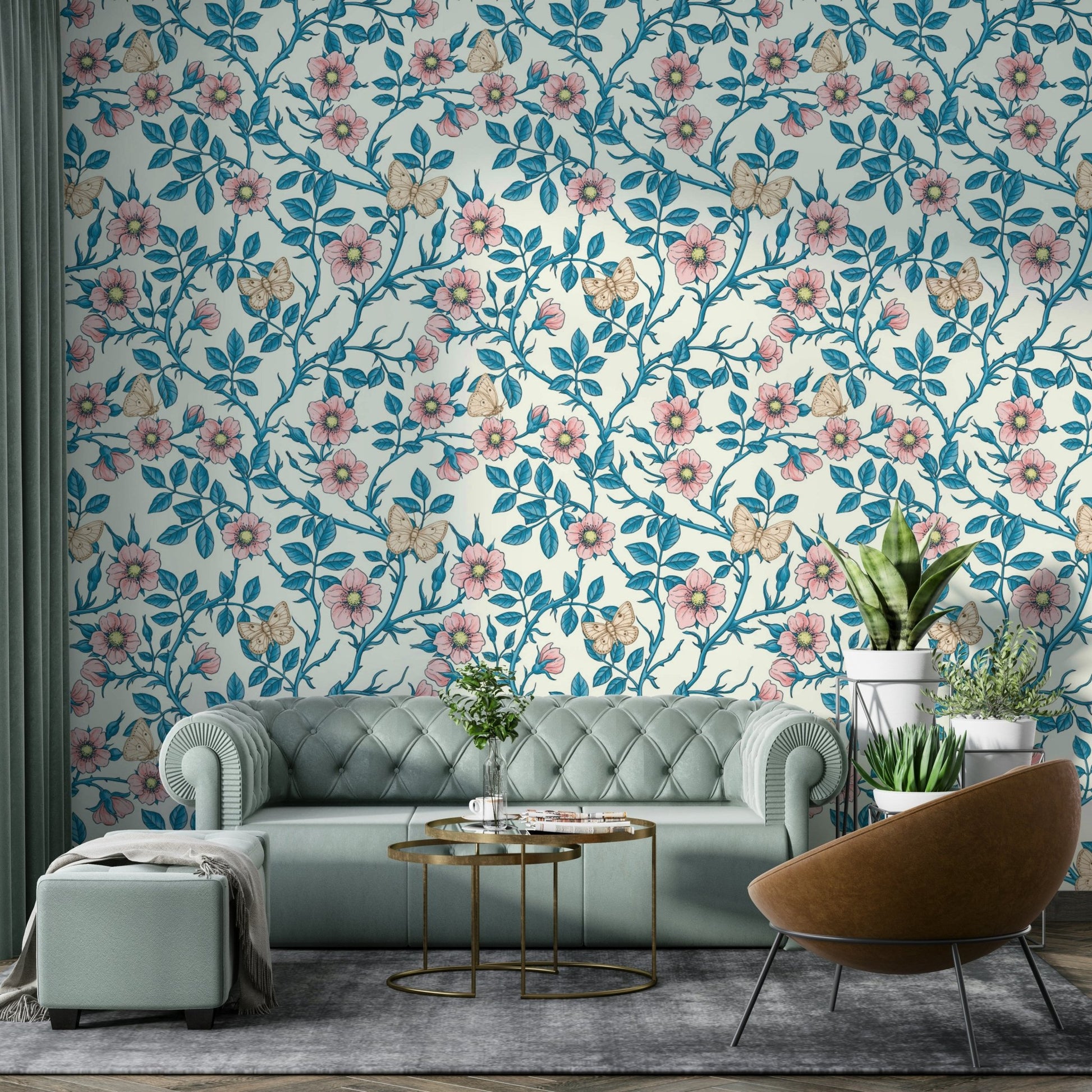 Close-up of pink roses and butterflies adding a whimsical touch to the room

