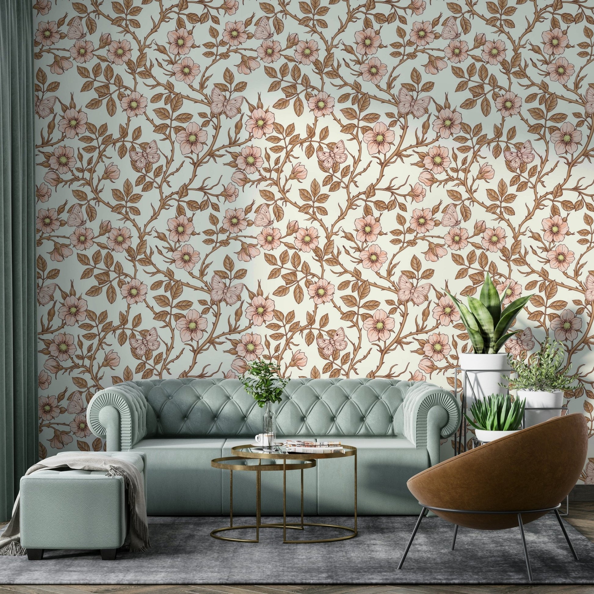 Close-up of intricate floral and butterfly details in soft tones

