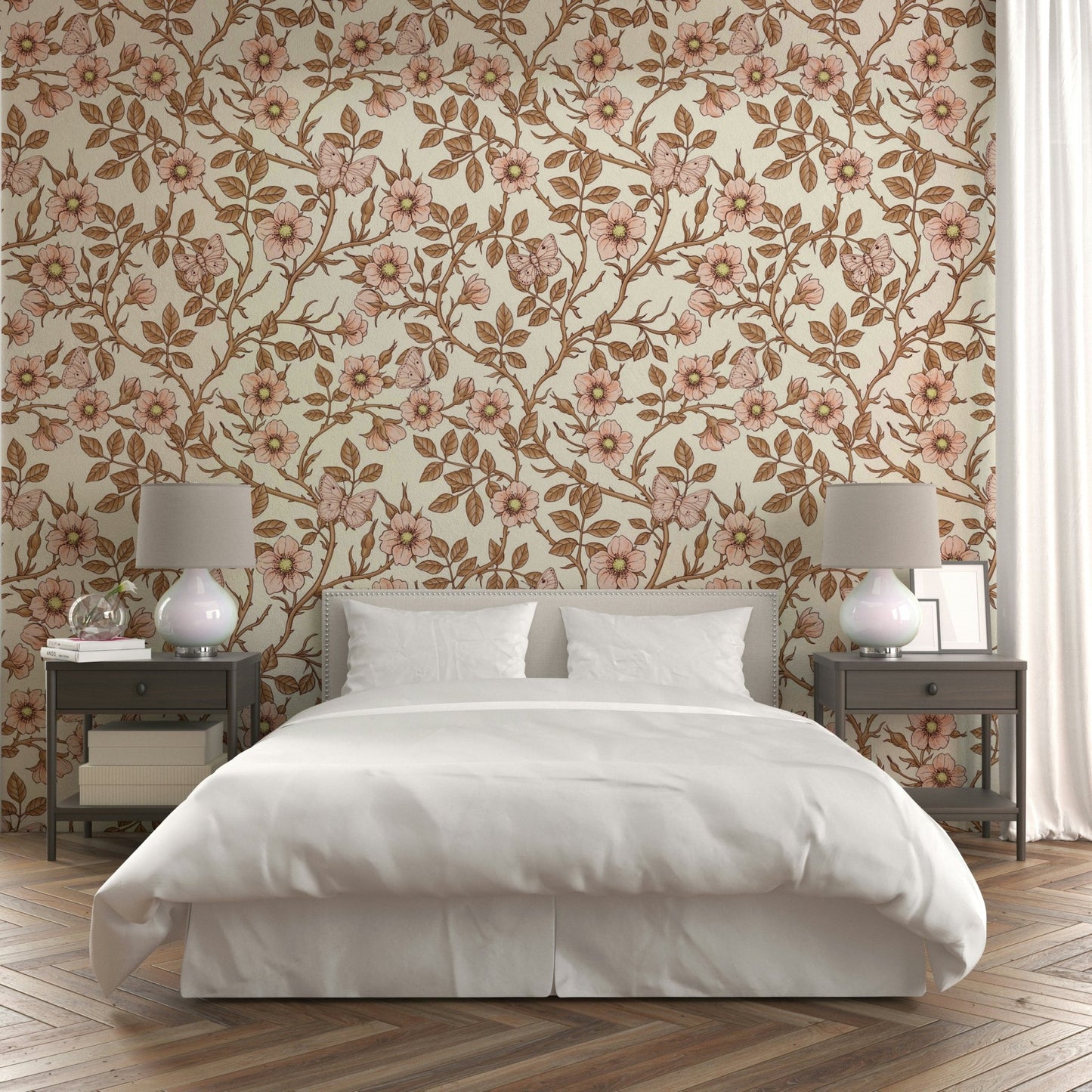 Subtle off-white and brown hues complementing the soft pink roses

