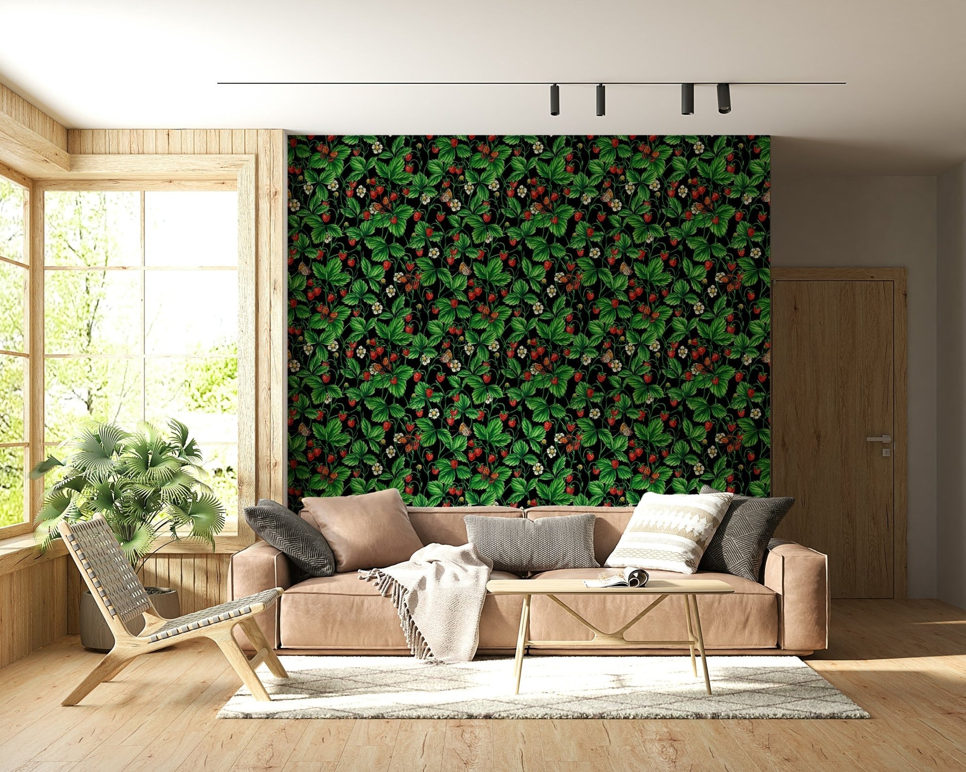 A serene botanical pattern wall mural with subtle, classic rose and butterfly motifs., GD5652