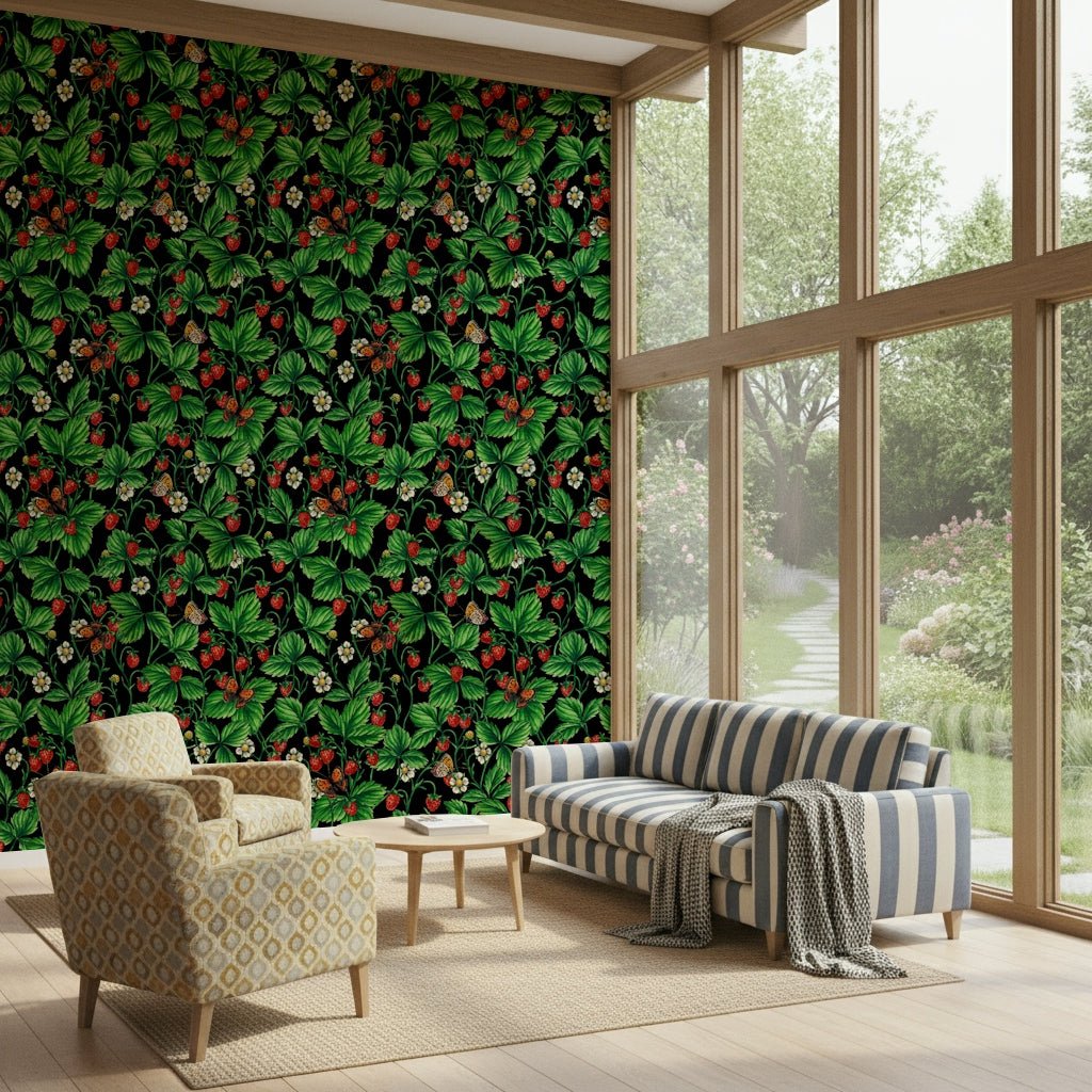 A peaceful flower and butterfly design mural on decorative wallpaper., GD5652