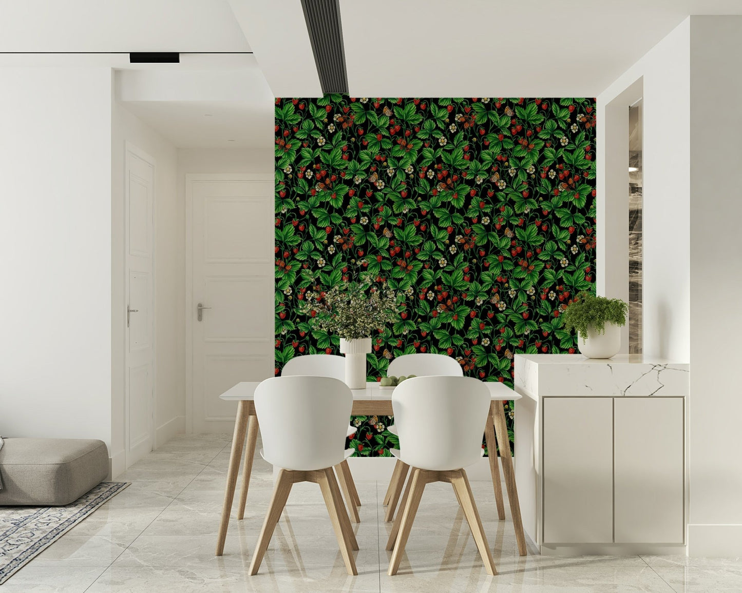 A beautiful vintage floral wallpaper mural featuring wild roses and butterflies in pink, pale green, and yellow on an off-white background., GD5652