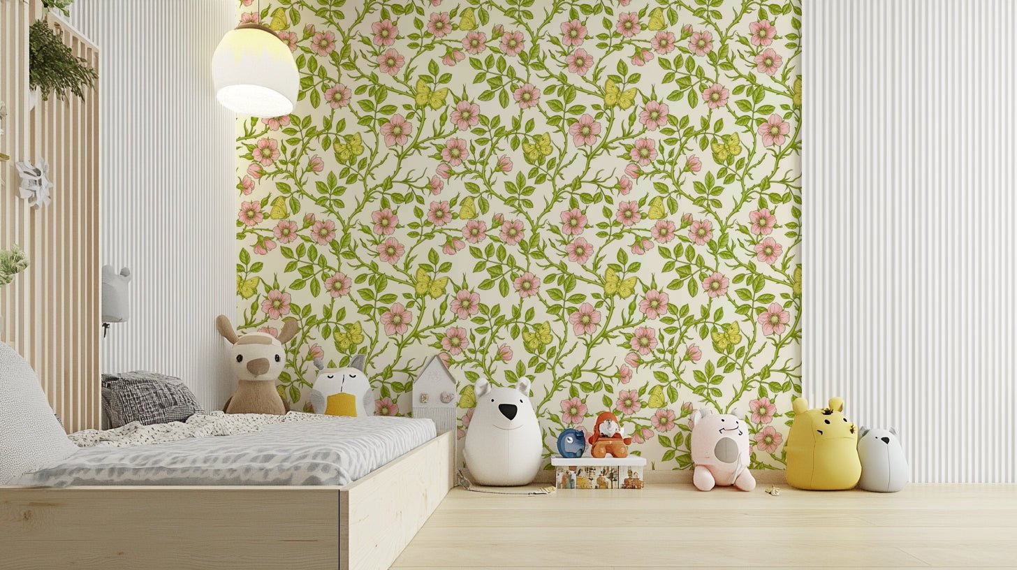 Botanical style wallpaper with butterflies

