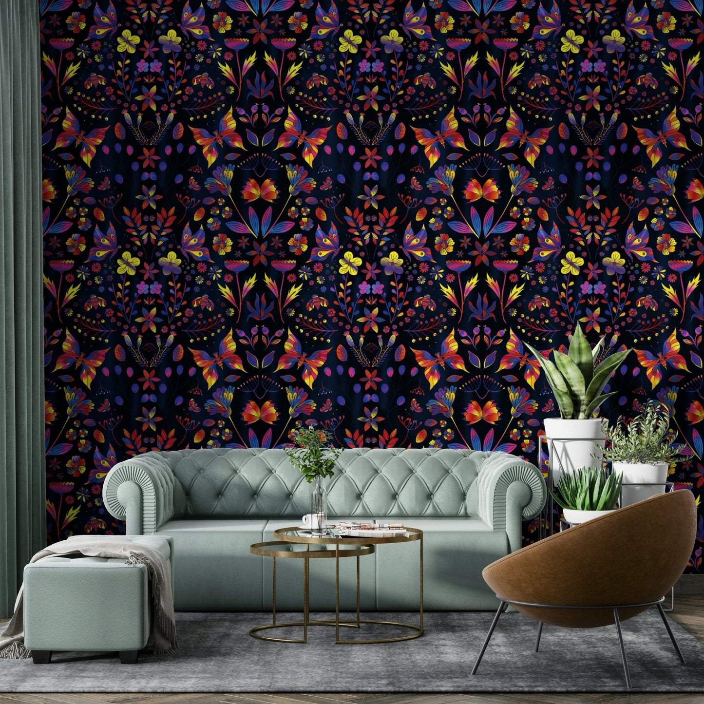 Whimsical wildflowers printed with metallic detailing on dark base.

