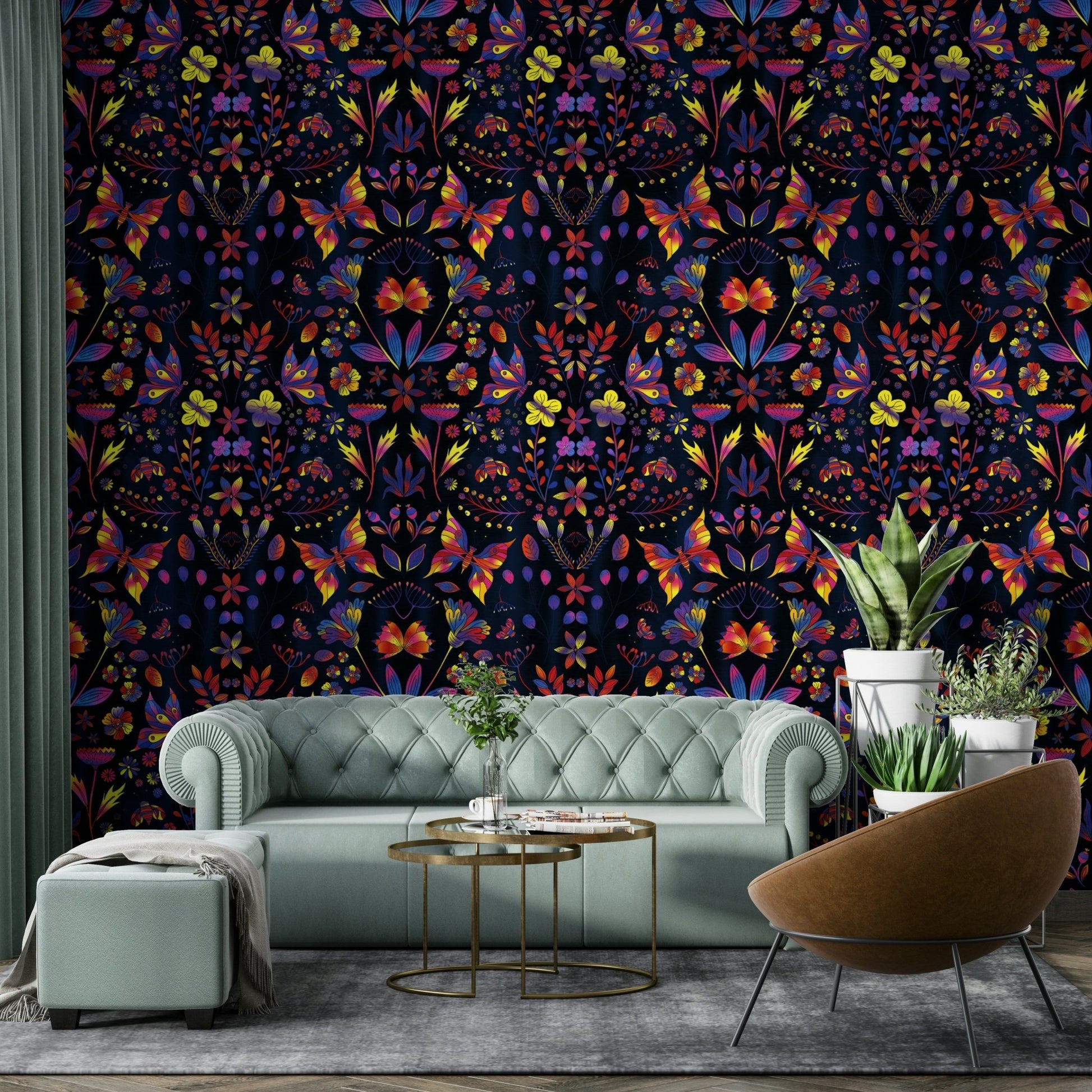 Whimsical wildflowers printed with metallic detailing on dark base.

