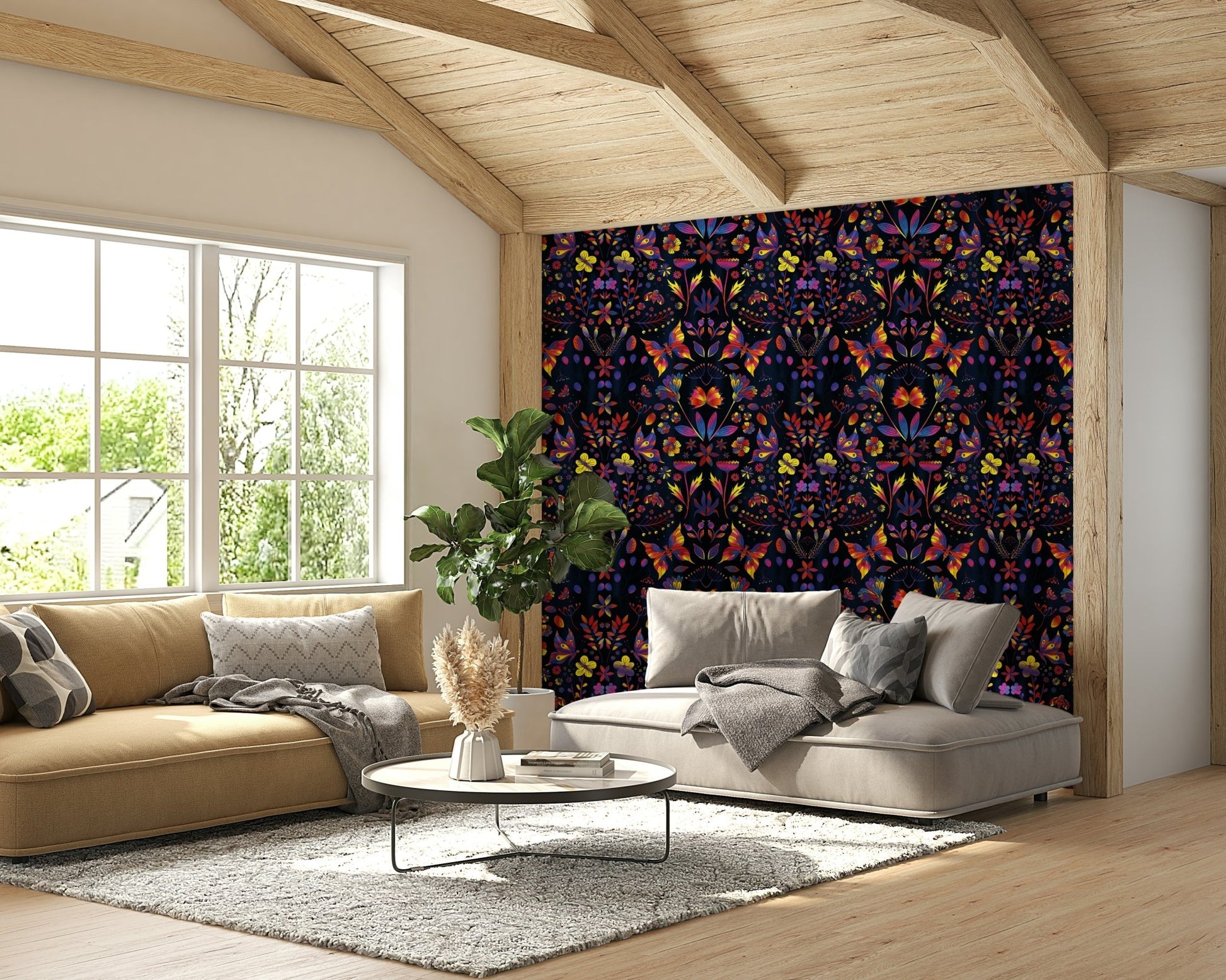 Shimmering wallpaper with metallic petals and wild garden details.

