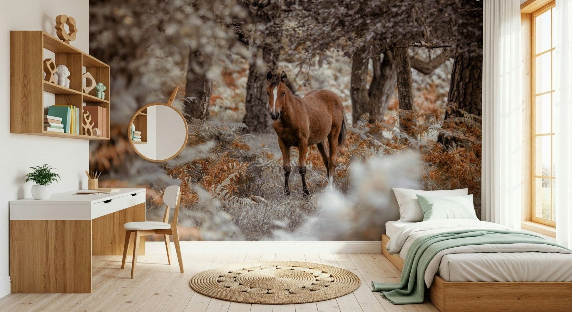 Powerful stallion wall mural used as a feature wall in a home office wallpaper.