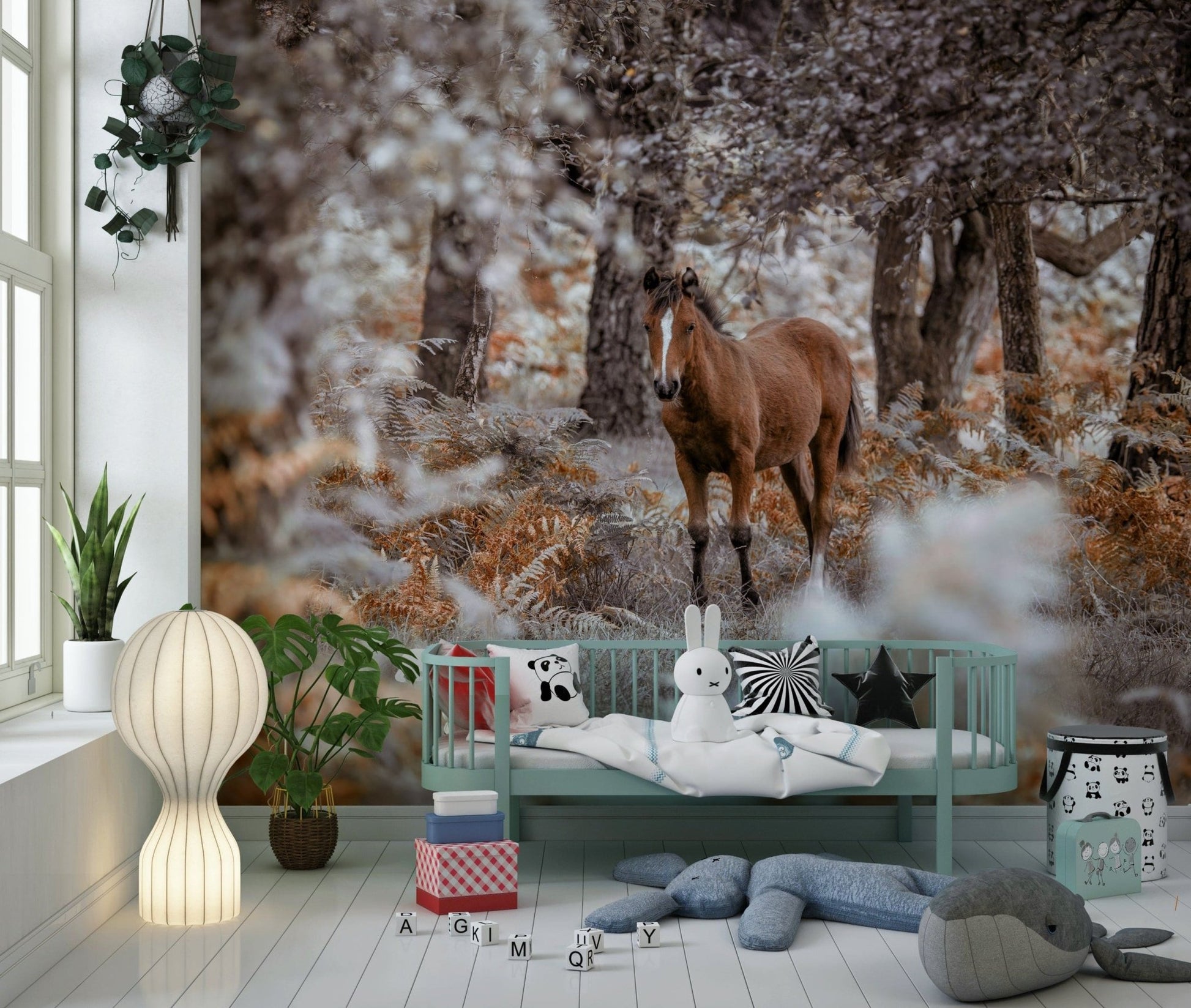 Artistic wildlife wallpaper featuring a running horse for a lounge wall mural.
