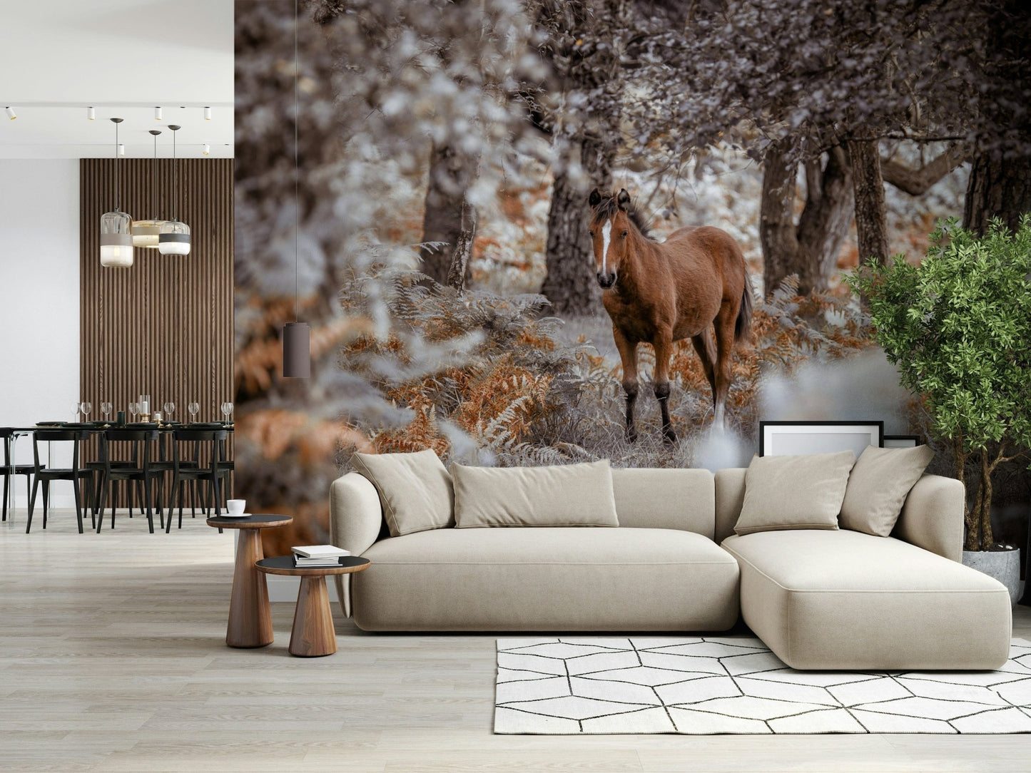 Wild Stallion Wall Mural in a rustic living room with leather furniture wallpaper.