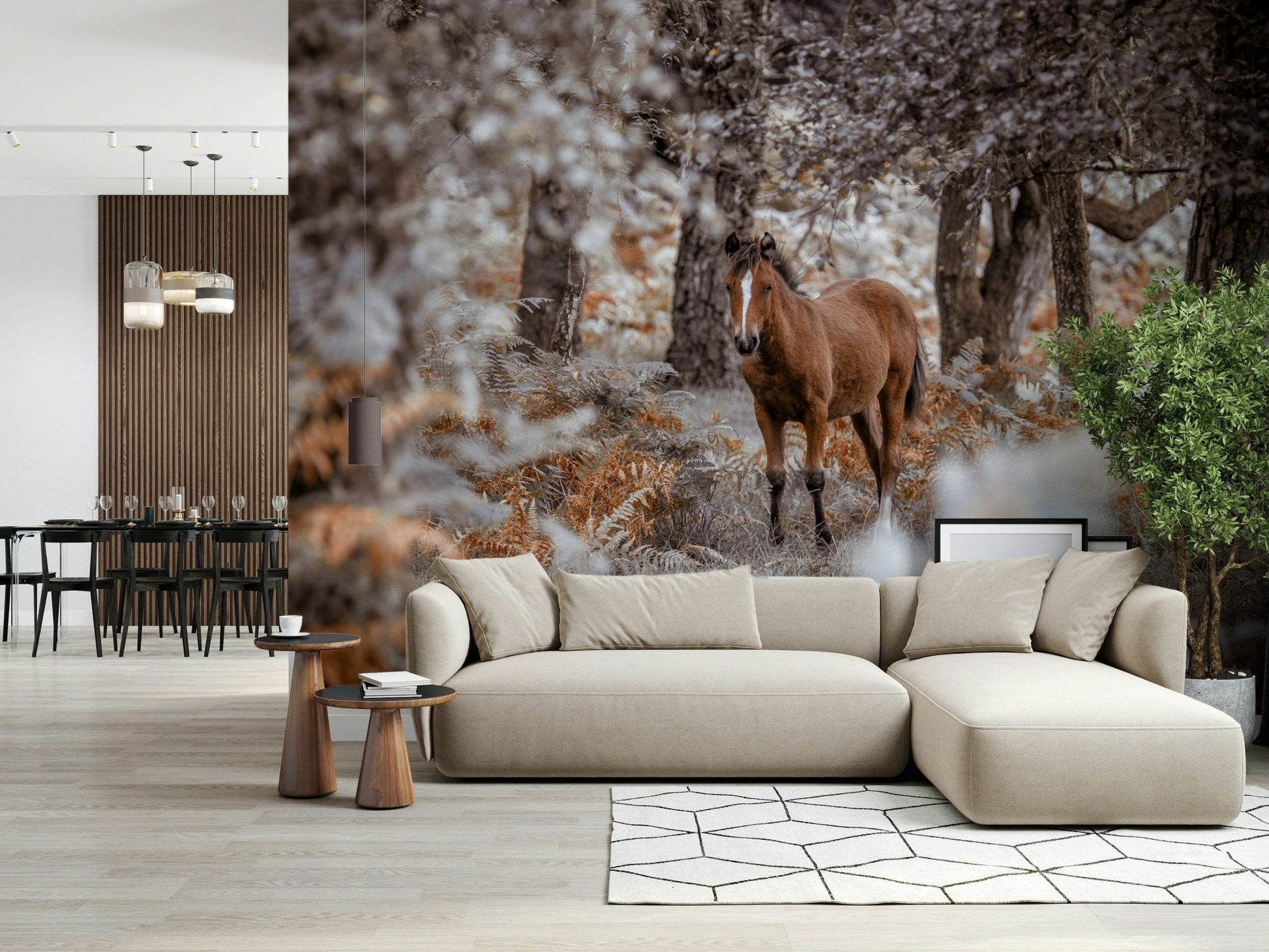 Wild Stallion Wall Mural in a rustic living room with leather furniture wallpaper.