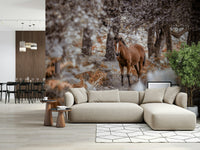 Wild Stallion Wall Mural in a rustic living room with leather furniture wallpaper.