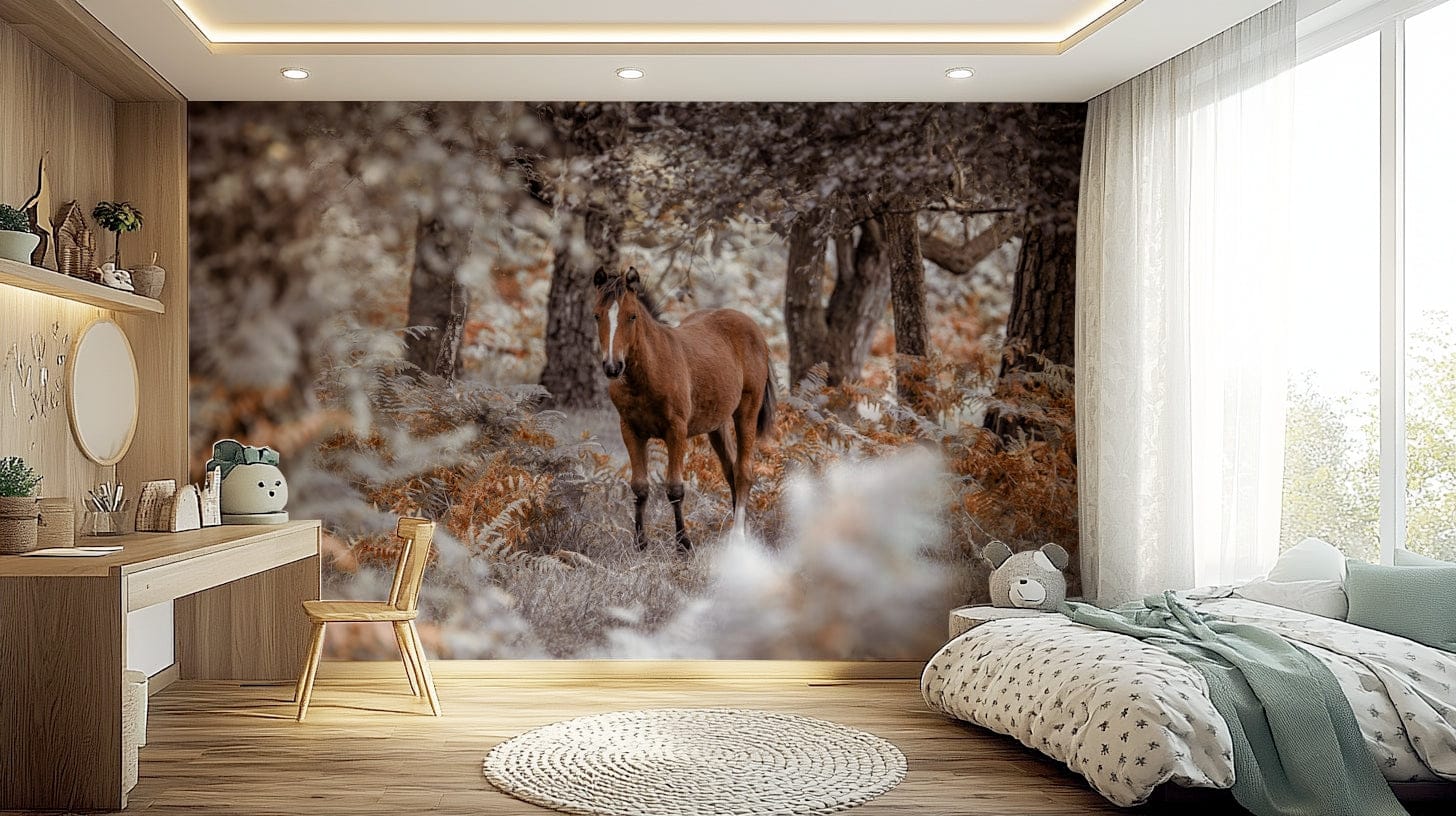 Majestic horse wallpaper in monochrome tones for a master bedroom wall mural.