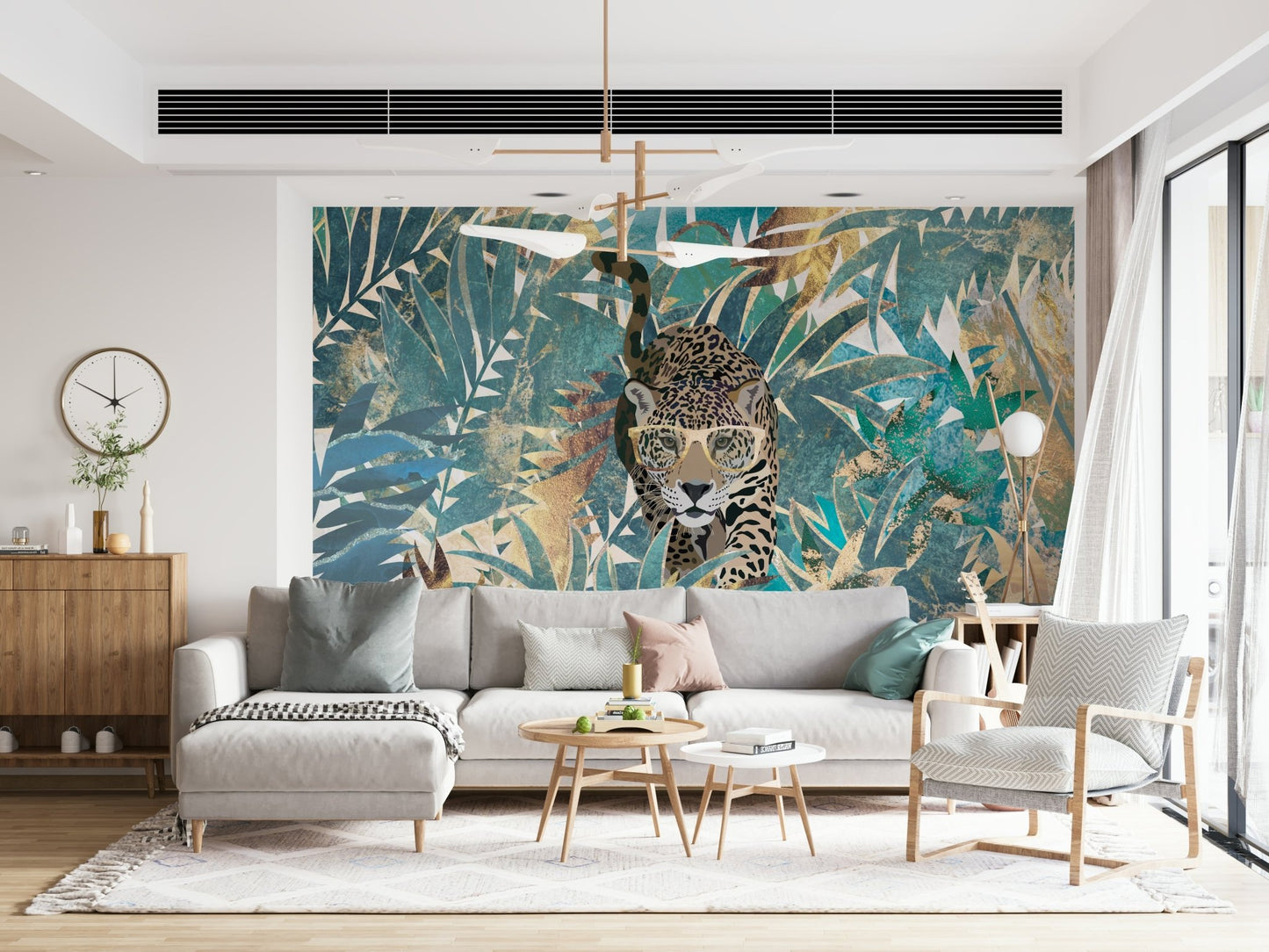 A peaceful modern abstract mural on decorative wallpaper.