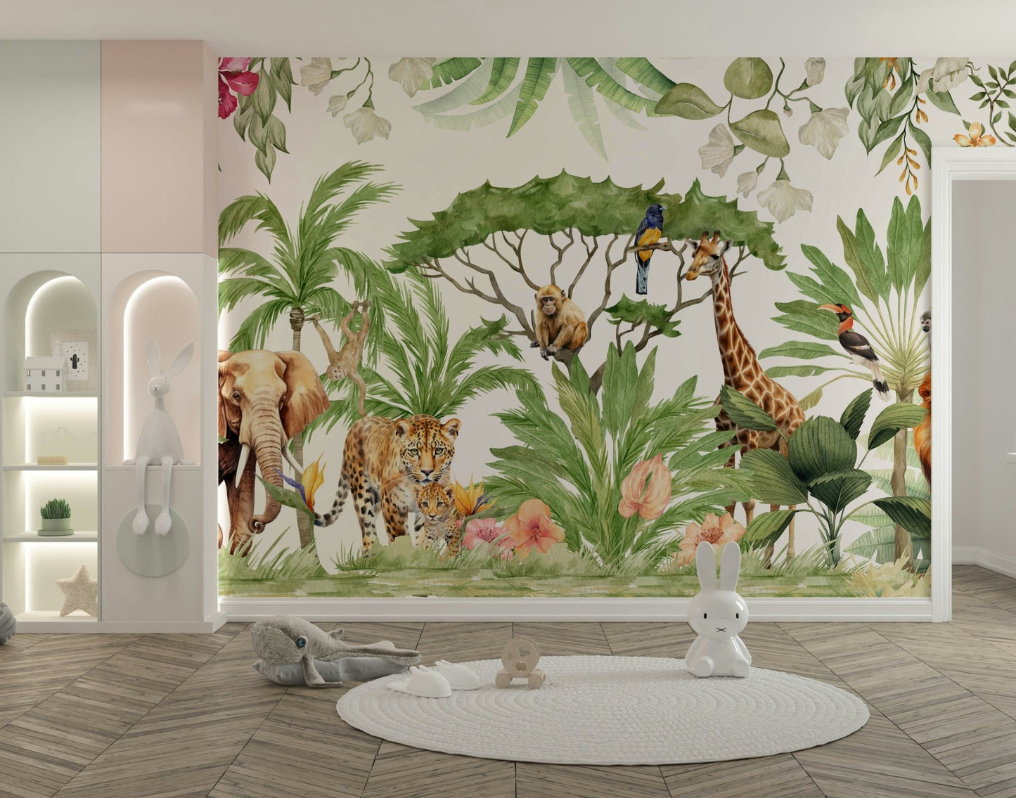 Watercolor animals and jungle mural for vibrant spaces

