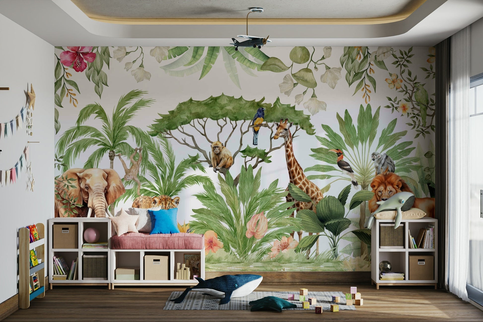 Wild nature-themed watercolor wall mural for interiors

