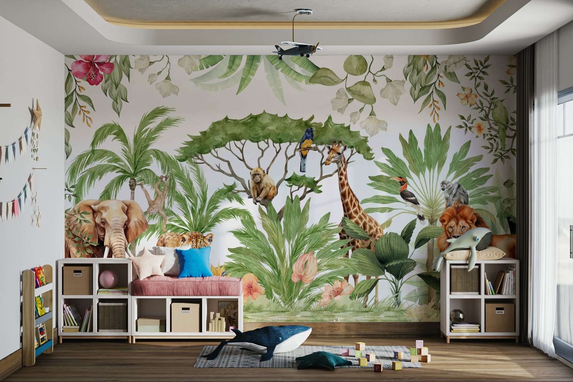 Wild nature-themed watercolor wall mural for interiors

