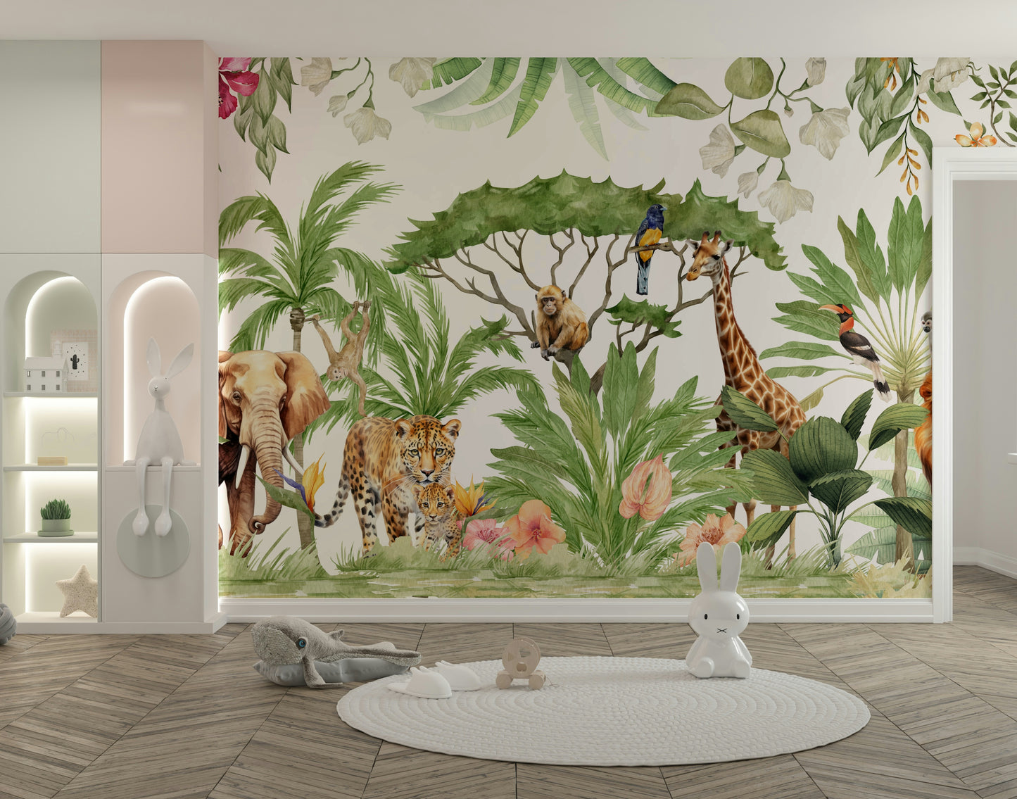 Watercolor animals and jungle mural for vibrant spaces

