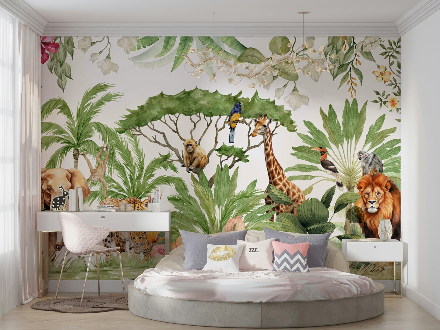 Nature-inspired wild watercolor wall mural for living room

