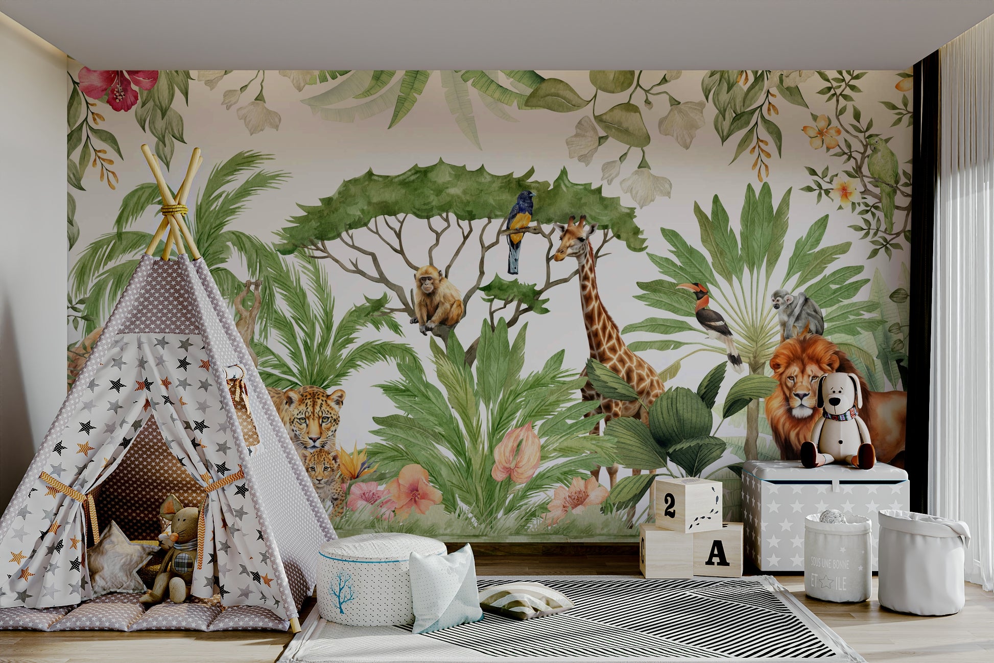 Vibrant watercolor wildlife mural for wall decor

