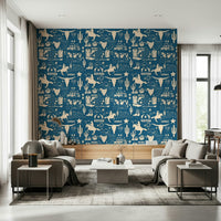 Blueprint style wallpaper featuring horses and guns.