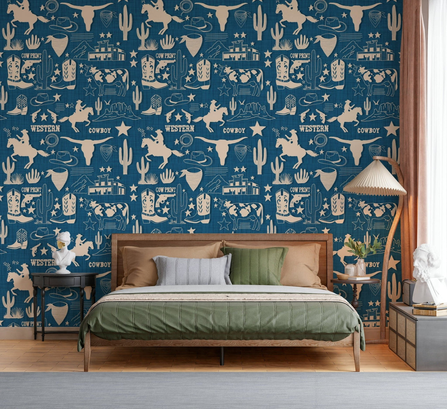 Wide room perspective featuring the Wild West Blueprint Wallpaper for walls.